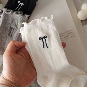 Women Slouch <b>Socks</b> Mid Calf Cotton Breathable Ruffled Trim Embroidered Bow White Black Gray Sweat Absorbing Odor Resistant - Product Image 1