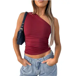 Летний однотонный плиссированный женский жилет на одно плечо модная сексуальная короткая футболка с открытой спиной повседневная короткая майка без рукавов