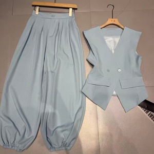 Conjunto de <span class=keywords><strong>Chaleco</strong></span> Entallado y Pantalones Bombachos de Cintura Alta para <span class=keywords><strong>Mujer</strong></span>, Negro/Marrón/Azul/Blanco, Sin Mangas, Cuello en V, <span class=keywords><strong>Traje</strong></span> de Oficina - Product Image 1