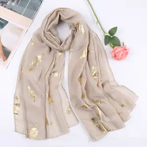 2023 spring summer new scarf design shimmer fancy gold stamp leaves viscose hijab scarf