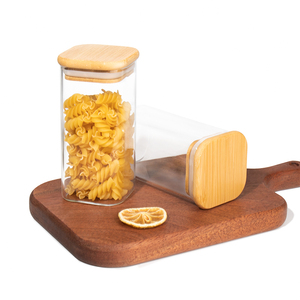 Botes de vidrio de cocina de borosilicato alto con logotipo personalizado, tarros de vidrio para almacenamiento de alimentos con tapas de madera de bambú para juego de contenedores <span class=keywords><strong>Fugar</strong></span> - Product Image 1