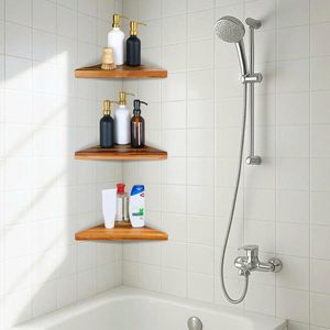 Estante de ducha esquinero de 3 niveles de madera de acacia, estante esquinero triangular, estante de baño de madera, estante esquinero para ducha en pared azulejada - Product Image 4