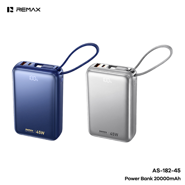 REMAX PD45W Fast Charging Power Bank Built-in Dual Cables Large Capacity & 3C-Certified Safety Portable Power Banks 20000mAh