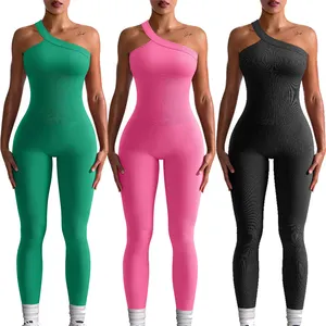 Mulheres Macacões Ginásio Romper Um Ombro Sports Seamless Ribbed One Piece Workout Yoga Jumpsuits