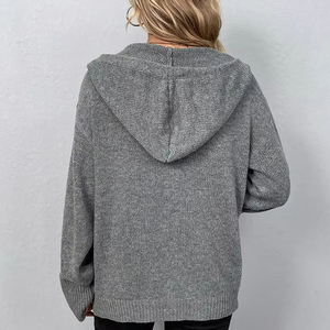 Maglione con coulisse con cappuccio in maglia Casual da donna di moda D & M taglie forti in tinta unita monopetto per l'autunno - Product Image 2