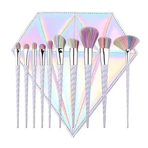 Best Selling 10 Pcs Unicorn Colorful Rainbow Hair Makeup Brush Set With Laser Diamond Bag Wholesale Make Up Brushes Kit