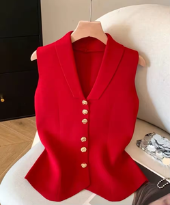 Nouveau débardeur tricoté style français 2026 à col en V et simple boutonnage, coupe ajustée, sans manches pour <span class=keywords><strong>femme</strong></span> - Product Image 3