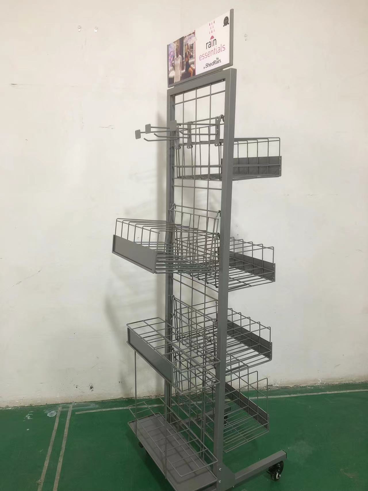Advertising Umbrella Metal Floor Standing Display Rack Double-sided Iron Wire Basket Shelf Wheels for Supermarkets Retail Shops — view 4