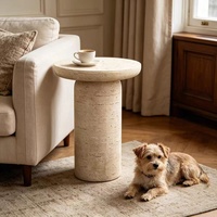 Table d'appoint ronde beige en faux travertin, table d'angle de canapé minimaliste moderne pour la maison, le salon, la chambre, la décoration d'hôtel