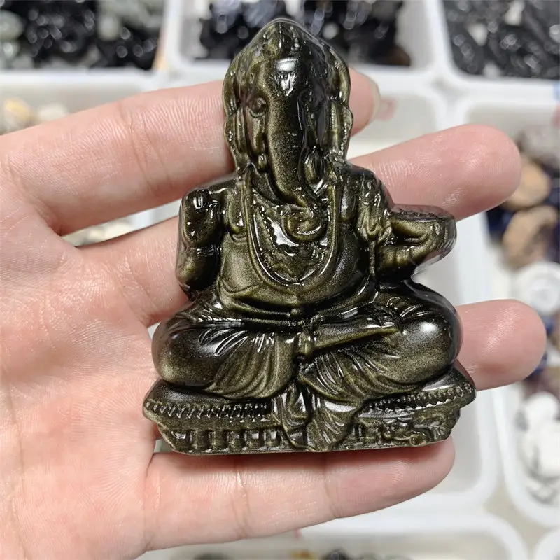 Bán Buôn Đá Tự Nhiên Thủ Công Pha Lê Tượng Ganesha Khắc Đá Obsidian Bạc Làm Quà Tặng