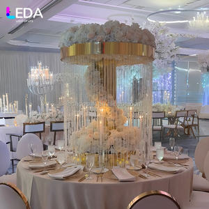 Soporte de Flores de Acero Inoxidable Dorado LEDA con Cortina de Cuentas, Centro de Mesa para Bodas, Exhibidor Floral Alto para Decoración de Eventos y Fiestas - Product Image 1