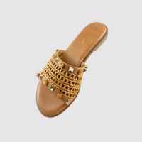 Sandales plates ouvertes en paille tressée pour femmes, avec clous et pierres, confortables, légères, antidérapantes, à enfiler