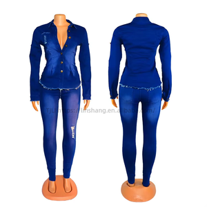 Conjunto de dos piezas de mezclilla lavada de moda, casual, de manga larga, con cuello vuelto y corte ajustado - Product Image 2