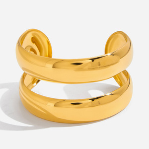 Bracelet ouvert en acier inoxydable doré à double couche, bijoux unisexes - Product Image 1