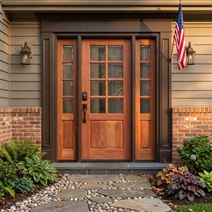 Porte d'entrée en bois massif de style artisanal américain, avec panneaux de verre multi-vitrages et élégantes fenêtres latérales doubles. - Product Image 2