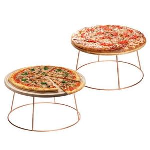 Soporte para pizza de dos niveles con acabado marrón en madera y metal Diseño elegante Ideal para utensilios de cocina y servicio de mesa en casa - Product Image 4
