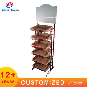 Metall Holzkorb Supermarkt Regal Obst Gemüse Display Rack Snack Candy Store Brot Display Rack Lebensmittel Display Stand