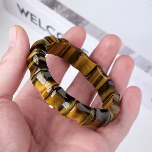 Wholesale Natural Healing Crystal Tiger Eye Stone Crafts Ornament Handmade Carved Crystal Bamboo Joint Bracelet For Gifts