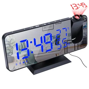 2021 New Digital Projection Alarm Clock Decoração Da Parede Relógios de Mesa Com Rádio Carregador de Telefone Projetor Termômetro Umidade