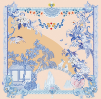 Écharpe en soie de mûrier de grade 6A, style néo-chic oriental, échantillon 7D, tombé doux, OEM, motif grue et lapin de jardin bleu et blanc chinois