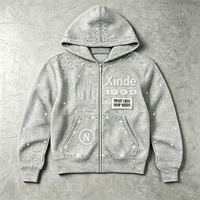 Fabricant de vêtements personnalisés – Sweat à capuche 100 % coton avec impression graphique, strass thermocollants et broderies, fermeture éclair carrée