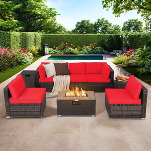 Ensemble de salle à manger en rotin PE rouge, 5 places, mobilier d'extérieur avec coussins rembourrés doux pour jardin et terrasse - Product Image 6
