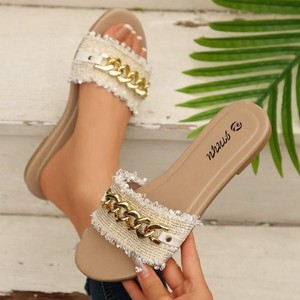 Sandali piatti da donna eleganti con tomaia in tessuto, decorazioni in cristallo, punta aperta, slip-on, comodi, per primavera/estate, casual, per tutti i giorni, di tendenza. - Product Image 1