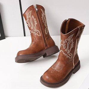 Bottes de cow-boy pour enfants, marron, brodées, rétro, en denim, pour filles, à semelle souple, mi-hautes, en microfibre respirante, antidérapantes - Product Image 4