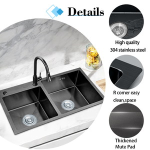 Lavello da <span class=keywords><strong>Cucina</strong></span> <span class=keywords><strong>Doppio</strong></span> in Acciaio Inox 304 Fatto a Mano con Fondo Nero Antigraffio ODM - Product Image 2