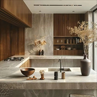 Vermonhouzz - Armoires de cuisine en bois sur mesure, sans poignées, couleur gris, avec comptoir de petit-déjeuner multifonctionnel extra long en pierre