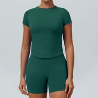 Setelan Yoga Eropa dan Amerika, Baju Olahraga Ketat Berlengan Pendek, Cepat Kering, Pakaian Luar untuk Lari dan Bersepeda, Model Slim-fit