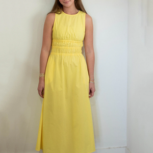 <span class=keywords><strong>Abito</strong></span> <span class=keywords><strong>Midi</strong></span> <span class=keywords><strong>Giallo</strong></span> da Donna con Corpetto Arricciato, Vestito Estivo Casual in Cotone a Linea A - Product Image 1