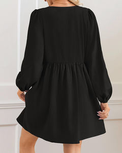 Vestido de Damas jóvenes <span class=keywords><strong>para</strong></span> el verano Color deslizado O-cuello Manga larga Vestidos acampanados con pajarita y botón oculto - Product Image 6