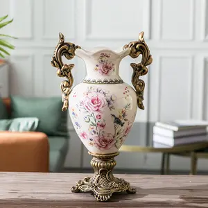 Custom Antique European Style Floral Glazed Porcelain Ceramic Planters Flower Vase with Handles