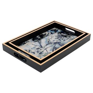 Plateau de service de cadre en <span class=keywords><strong>bois</strong></span> classique et élégant avec impression en verre UV peinture à l'huile <span class=keywords><strong>fleurs</strong></span> plateau de petit déjeuner à la maison - Product Image 2