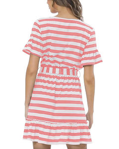 Vestido con volantes estampado a rayas al por mayor para mujer, vacaciones, manga acampanada, vendaje elástico en la cintura, vestido Midi de fiesta de verano - Product Image 6