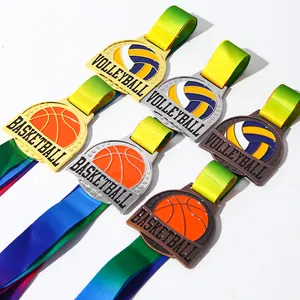 卸売カスタムスポーツメダル賞メタルブランクメダルとトロフィーリボンバレーボールバスケットボールゲームメダル