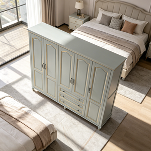 Armoire traditionnelle à 5 portes avec 3 tiroirs, meubles de chambre à coucher en MDF, armoire autoportante, gris clair, finition dorée - Product Image 4