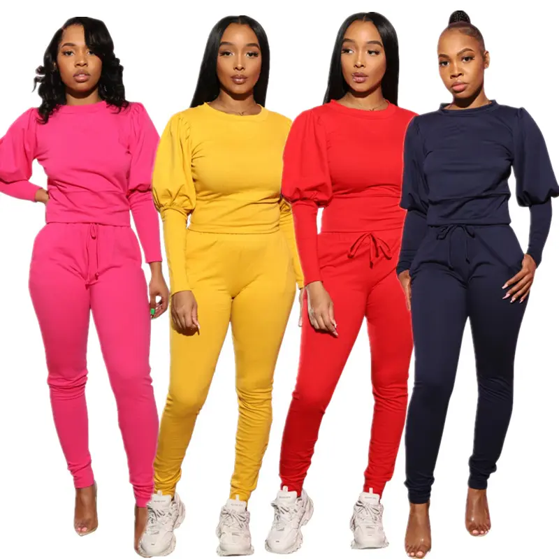 Fall Fashion Two Piece Women's Hoodies Tracksuit Plain 2021 Crop Top Puff Sleeves 2 Two Piece Outfits Jogger Clothing Pants Set