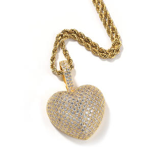 TD1 Collar con colgante de diamante dorado para mujer con cadena de cuerda de latón de 3mm en forma de corazón Estilo hip-hop Encanto helado Precio al por mayor barato - Product Image 4