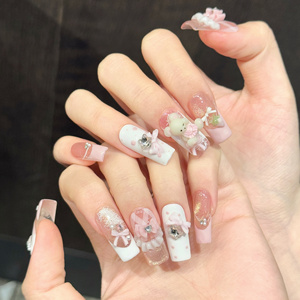 Lot de 10 <span class=keywords><strong>faux</strong></span> <span class=keywords><strong>ongles</strong></span> artisanaux réutilisables roses Kawaii 3D Ours Lapin Fraise Fleur, personnalisables avec logo - Product Image 3