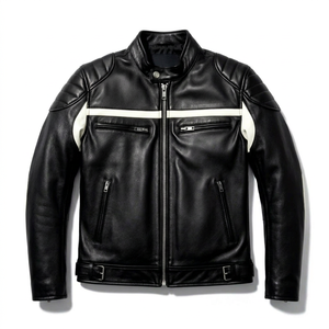 Chaqueta de Motociclista Personalizada para Hombre, de Cuero Vacuno Genuino, Estilo Racing en Blanco y Negro, con Cierre YKK - Product Image 2