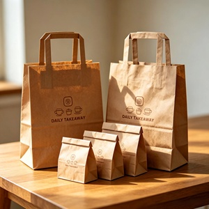 Disposable Kraft <b>Paper</b> Takeaway Bag With Handles Custom Printed for Coffee Shop Wholesale <b>Biodegradable</b> - Product Image 3