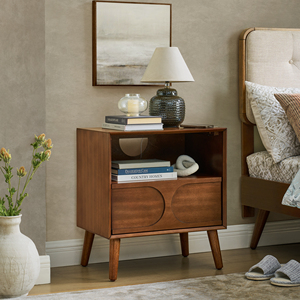 Mid Century Modern Fluted Nightstand With Charging Station USB Ports Outlet Hole 4 Solid Wood Legs Farmhouse <b>End</b> <b>Table</b> - Product Image 1