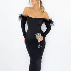 Wholesale Clothing Fashion Elegant Long Dresses Sexy Party Women Evening Dresses with Feathers