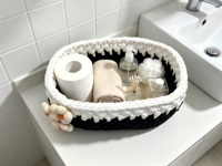 Panier de rangement en corde tressée à la main avec fleur décorative, noir et blanc, panier de rangement bicolore pour la salle de bain, pour serviettes et articles de toilette