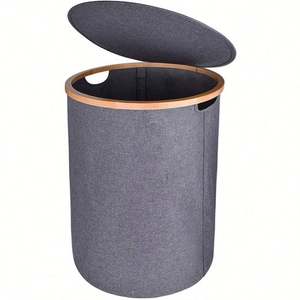 Hot-selling Round Collapsible Bamboo Frame Soft Cotton Fabric Dirty Clothes Organizer <b>Laundry</b> Storage <b>Hamper</b> with Lid - Product Image 1