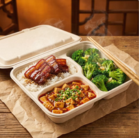 Boîte à lunch écologique en pulpe de canne à sucre à 3 compartiments avec couvercle 25x18,5 cm, récipient alimentaire rectangulaire jetable pour la préparation des repas