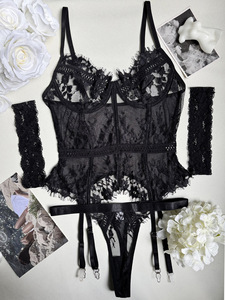 Ensemble de lingerie Chuangerm Spot pour femmes, corset en dentelle et culotte, ensembles de lingerie avec jarretelles, tailles S-L, lingerie noire babydoll - Product Image 4
