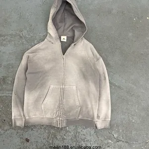 Felpa Street Wear di alta qualità Vintage grigio nero Zip Up due tasche felpe con cappuccio lavaggio acido da uomo personalizzate